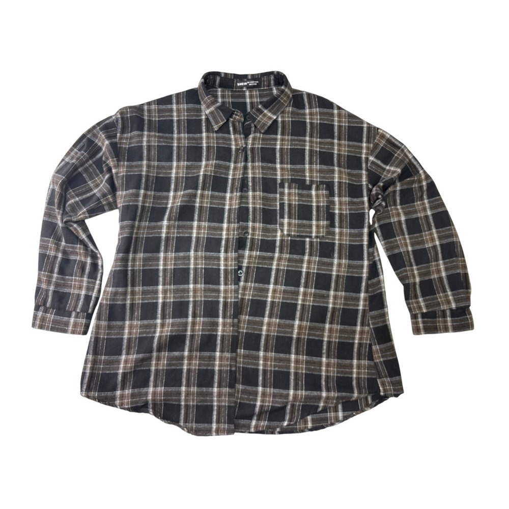 SHEIN Black Brown Plaid Flannel Button‎ Down Shirt Oversized Long Sleeve Large